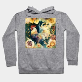 Cute Watercolor Floral Rooster, Farm Animal Hoodie